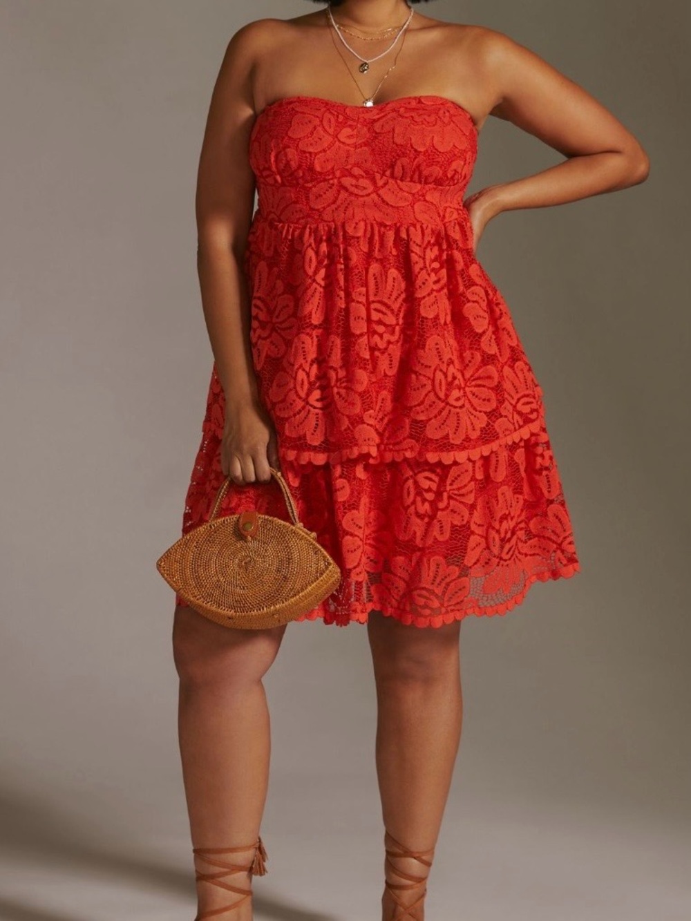 Anthropologie Maeve Red Strapless Tiered Lace Mini Dress, Size XL